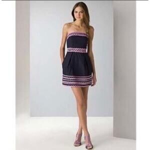 French Connection Wizard Strapless Dress rick rack trim navy blue purple size 6